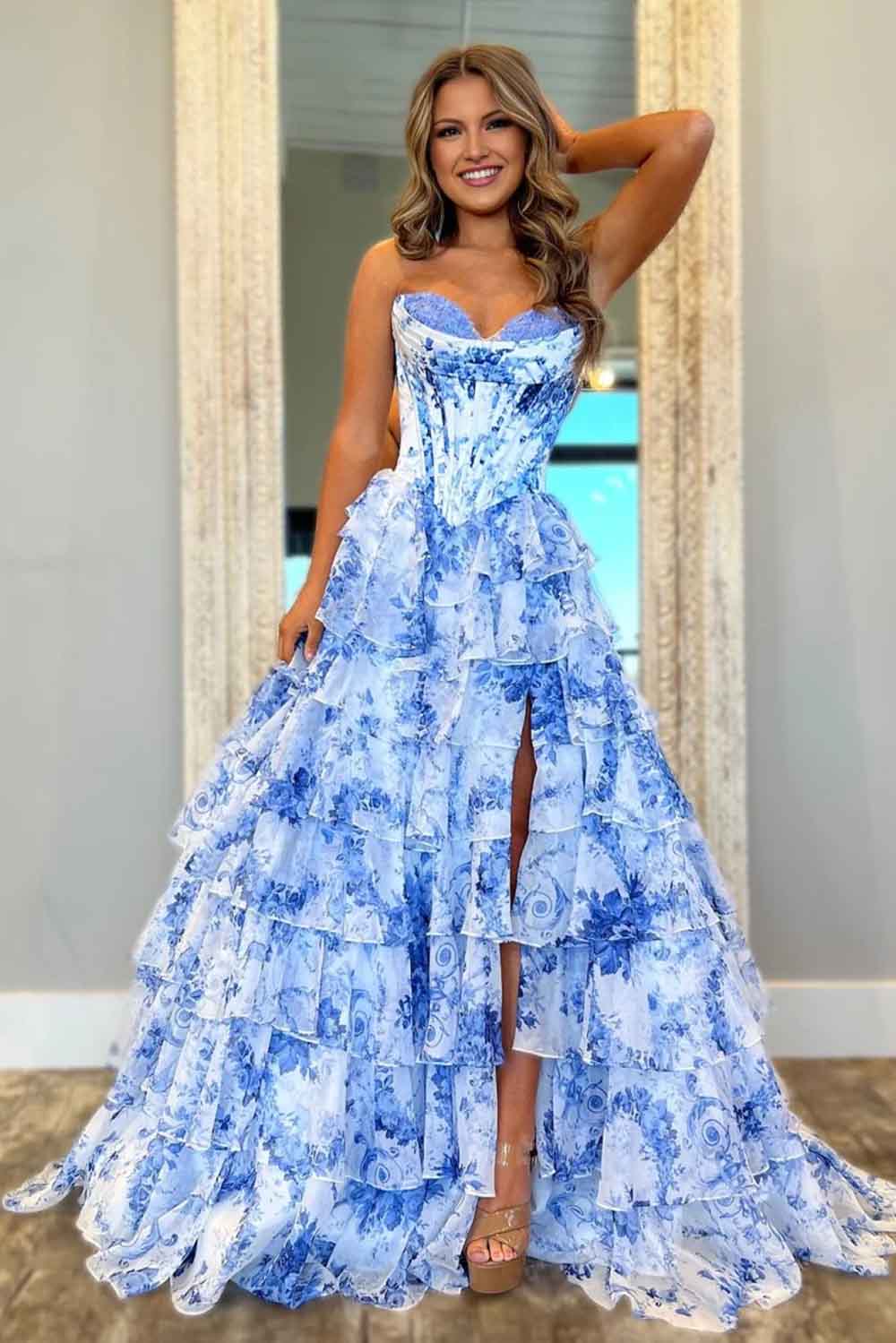 A-Line Blush Sweetheart Chiffon Floral Ruffled Prom Dress With Slit