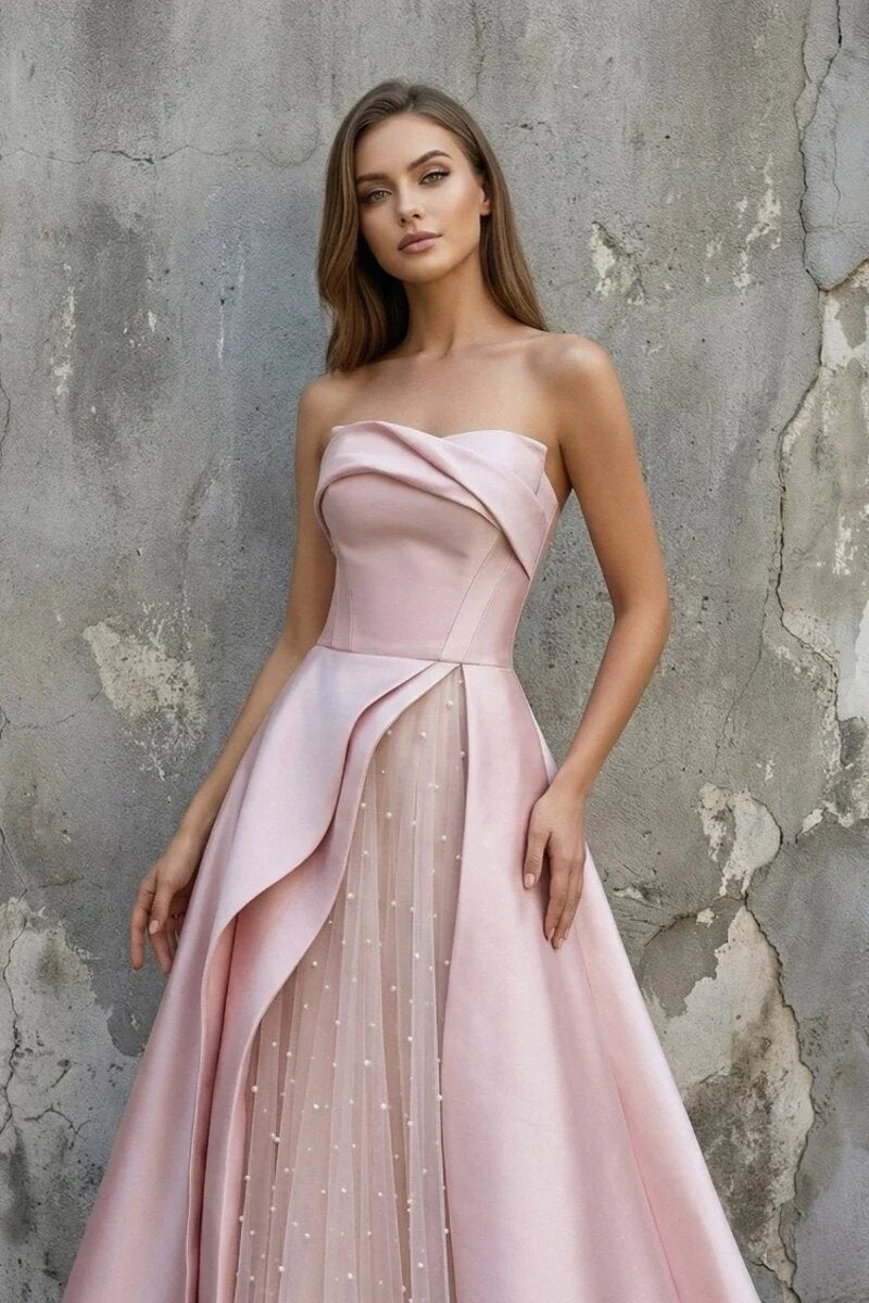 Pink Satin A-Line Floor-Length Evening Gown with Slit Strapless Prom Dress