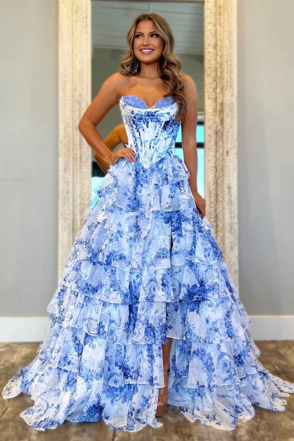 A-Line Blush Sweetheart Chiffon Floral Ruffled Prom Dress With Slit