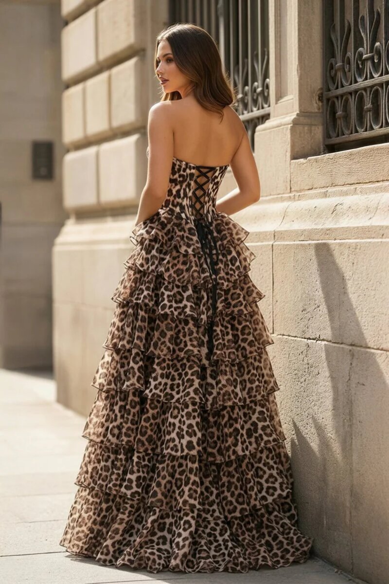Leopard Sweetheart A Line Chiffon Ruffled Long Prom Dresses With Appliques