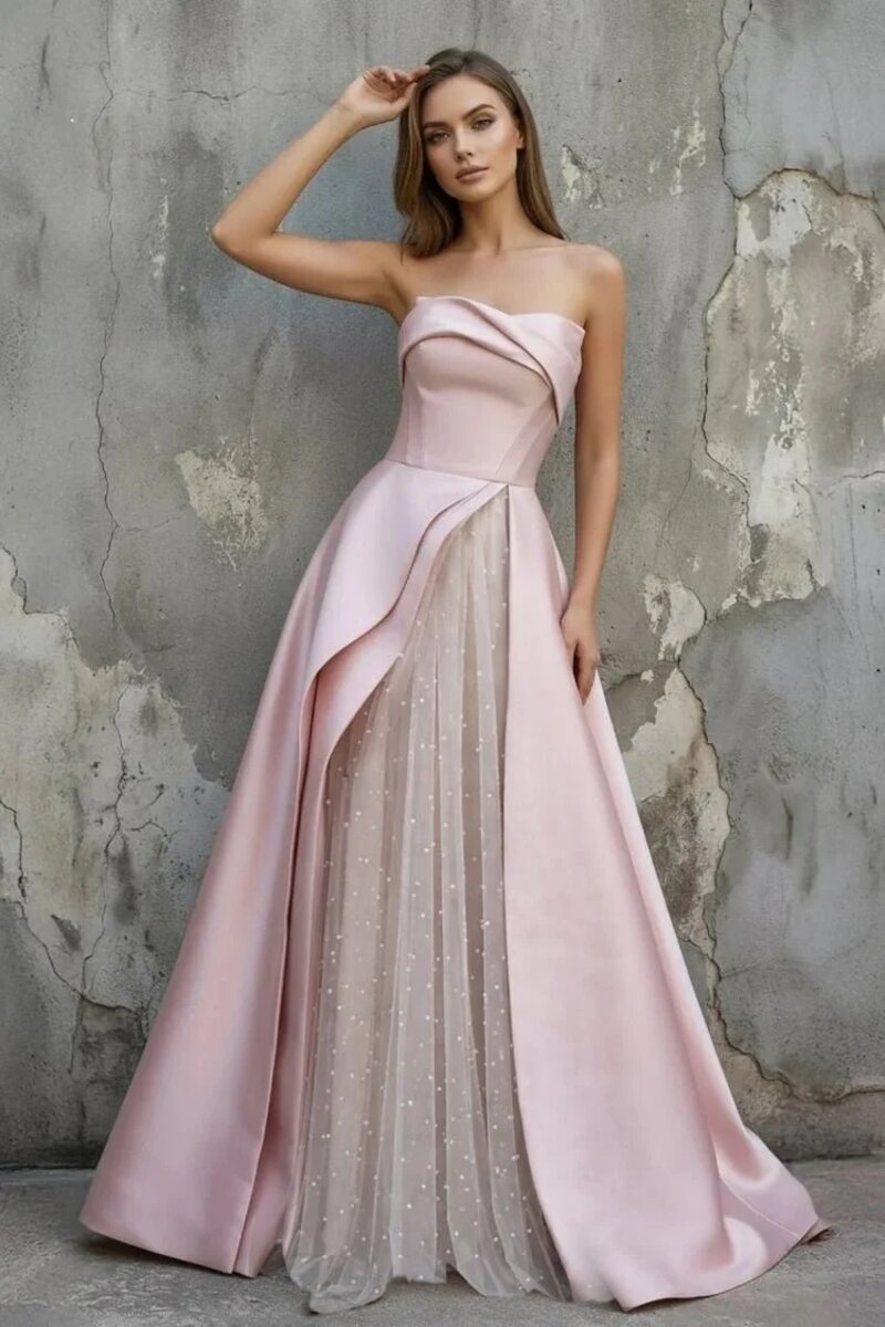 Pink Satin A-Line Floor-Length Evening Gown with Slit Strapless Prom Dress