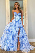 A-Line Blush Sweetheart Chiffon Floral Ruffled Prom Dress With Slit