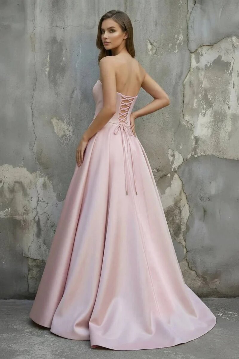 Pink Satin A-Line Floor-Length Evening Gown with Slit Strapless Prom Dress