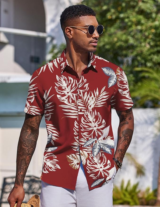 Red Tropical Leaf Summer Shirts MA51 - Image 2