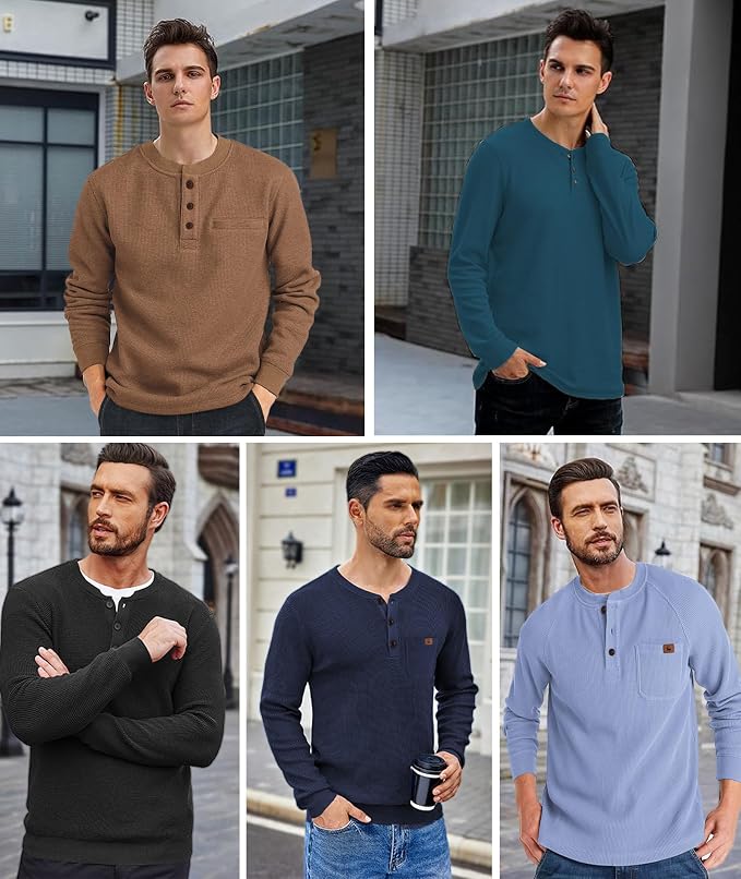 Dark Teal Blue Waffle Henley Shirts MA81 - Image 2