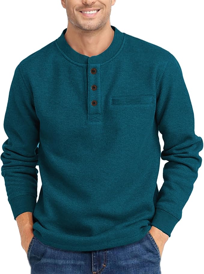 Dark Teal Blue Waffle Henley Shirts MA81