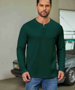Alternative view of Lake Green Waffle Henley Shirts MA70