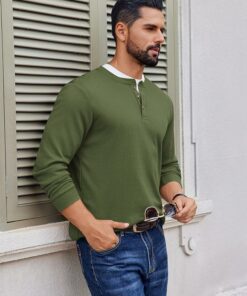 Alternative view of Men's Army Green Henley Long Sleeve Tee MA64