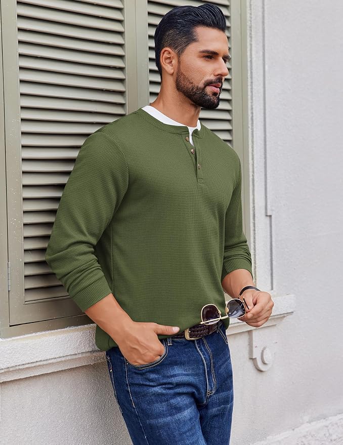 Men's Army Green Henley Long Sleeve Tee MA64 - Image 2