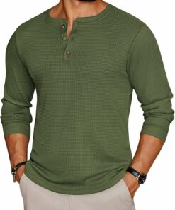 Men's Army Green Henley Long Sleeve Tee MA64