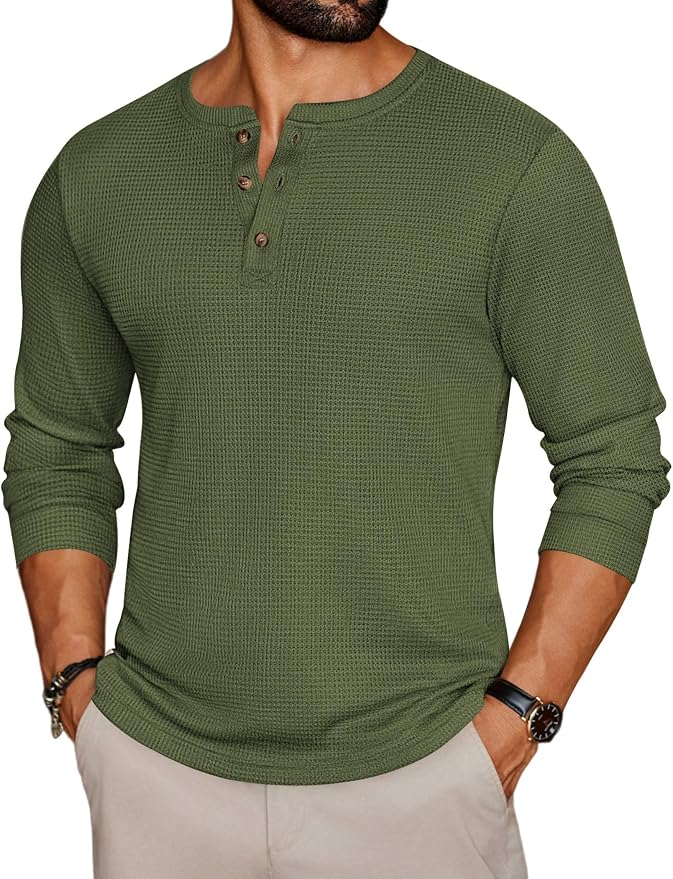 Men's Army Green Henley Long Sleeve Tee MA64