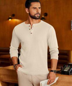 Alternative view of Men's Beige Henley Long Sleeve Tee MA68