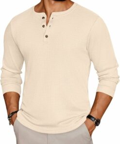 Men's Beige Henley Long Sleeve Tee MA68
