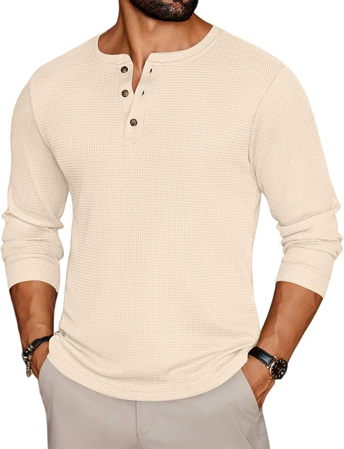 Men's Beige Henley Long Sleeve Tee MA68
