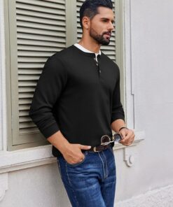Alternative view of Men's Black Henley Long Sleeve Tee MA67