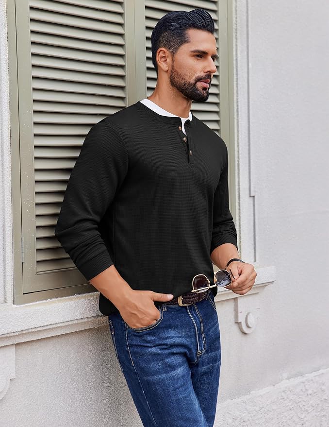 Men's Black Henley Long Sleeve Tee MA67 - Image 2