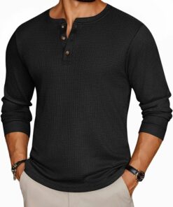 Men's Black Henley Long Sleeve Tee MA67