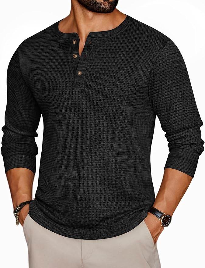 Men's Black Henley Long Sleeve Tee MA67