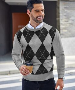 Alternative view of Men's Grey Argyle Crewneck Sweaters MA103