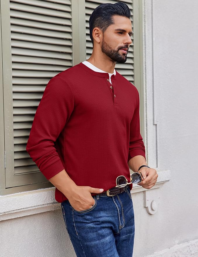 Men's Waffle Red Long Sleeve Tee MA61 - Image 2