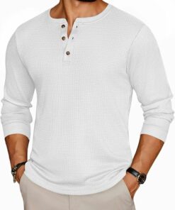 Men's White Henley Long Sleeve Tee MA63