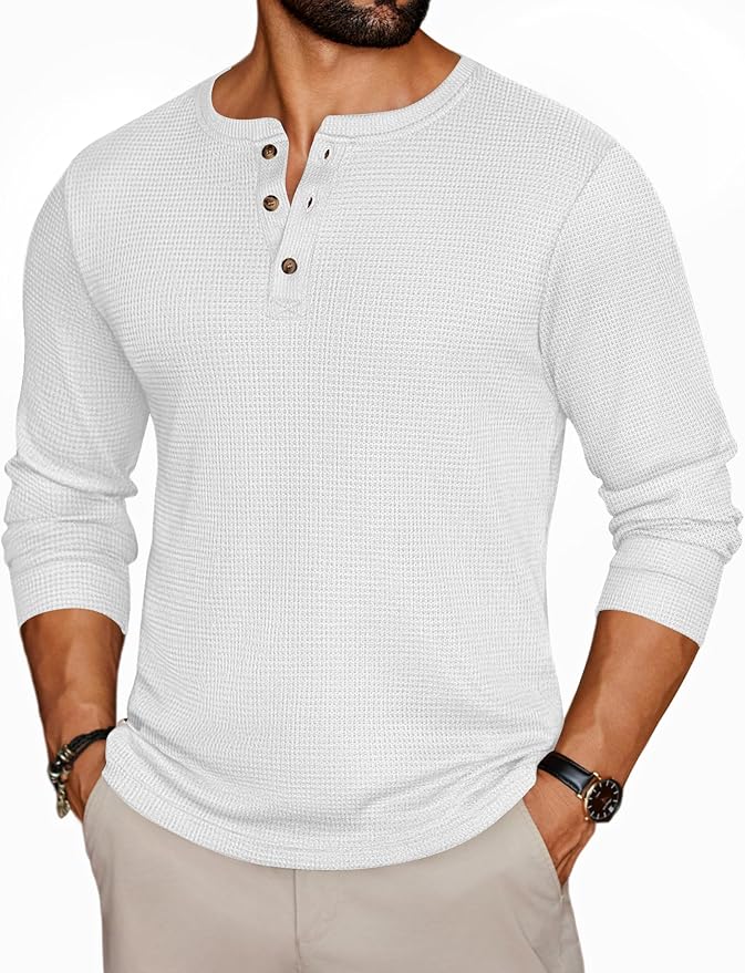 Men's White Henley Long Sleeve Tee MA63