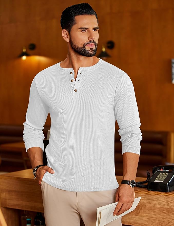 Men's White Henley Long Sleeve Tee MA63 - Image 2