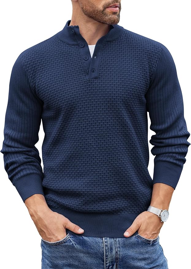 Navy Blue Waffle Henley Shirt MA87