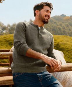 Alternative view of Winter Khaki Green Waffle Henley Shirt MA84