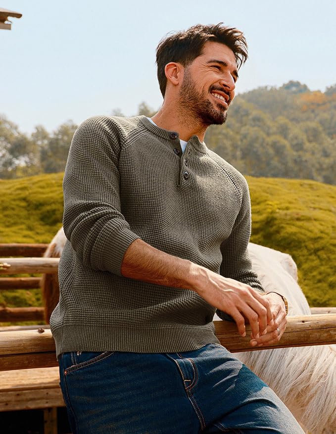 Winter Khaki Green Waffle Henley Shirt MA84 - Image 2
